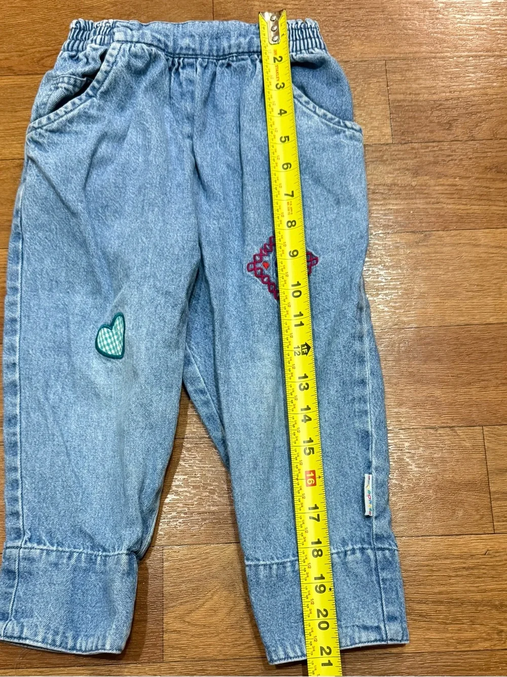 Vintage 90s Girls Pull On Denim Pants Size Small Embroidered Flower Heart